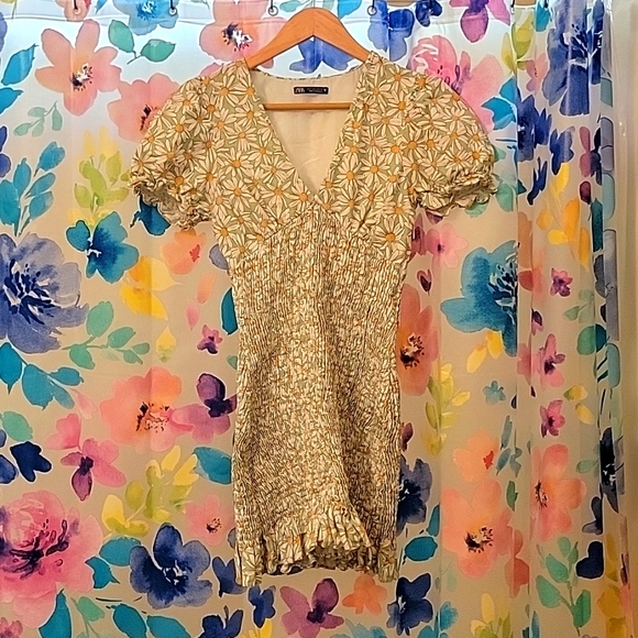 ZARA Linen Blend Floral Print Dress Light Green, S - Picture 3 of 5